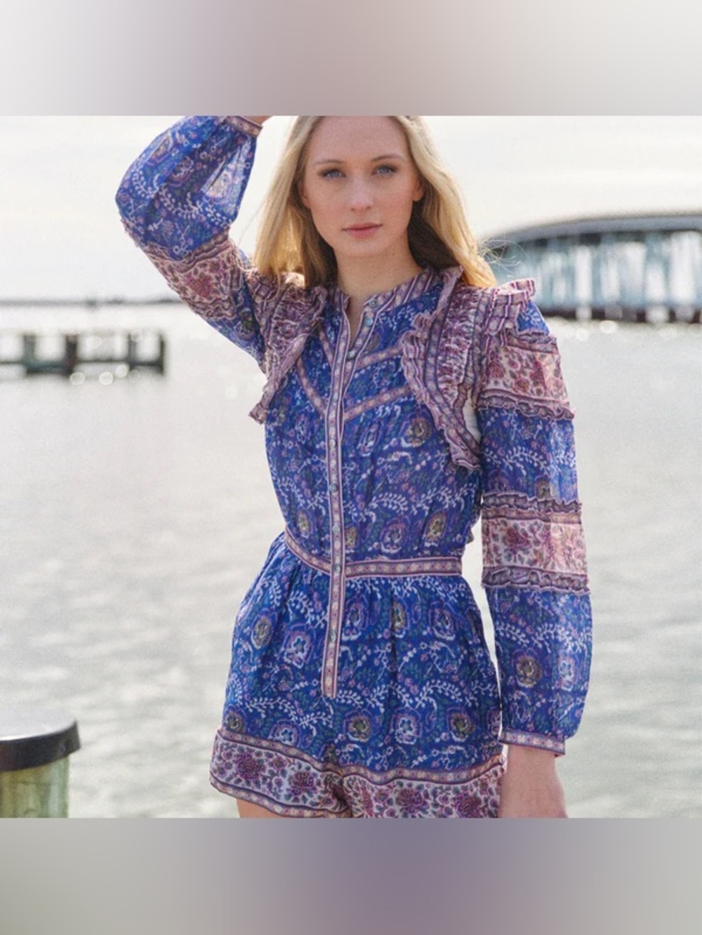 Sea new york Rosita Border Long Sleeve Romper in blue SZ 6